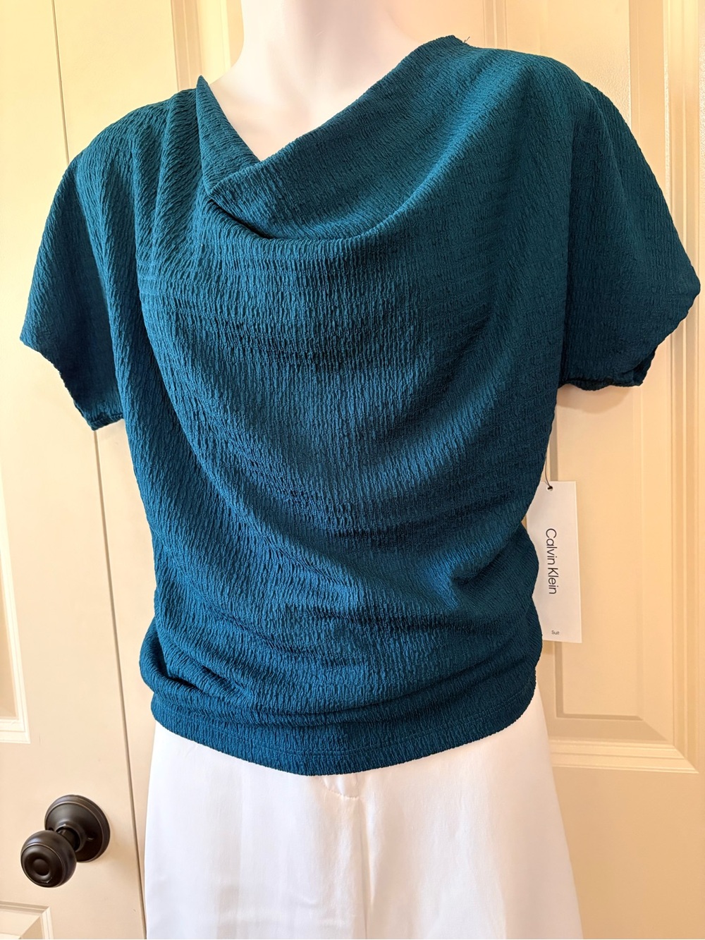 NWT, Calvin Klein Teal Short-Sleeve Draped Neck Blouse, size L